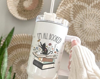 Books and Cats 40 oz Tumbler, Book Lover Gift, Cat Mom Travel Mug, Reading Coffee Cup, Cute Cat Bookish Tumbler, Literary Gift for Readers