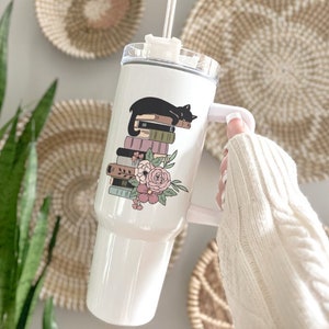 Book Lover 40 oz Tumbler, Cat on Books Cup, Reading Gift,Bookish Travel Mug, Cat Mom Coffee Tumbler, Literary Gift for Readers, Cute Cat Mug