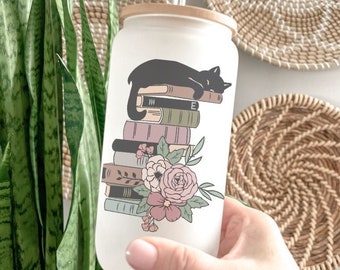 Cat on Books- Frosted Iced Coffee Glass, Beer Can Glass, Book Lover Gift, Cat Mom Gift, Reading Glass