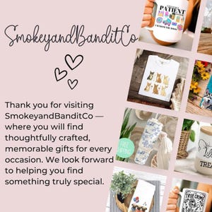 K&ouml;nnte beinhalten: Eine Collage von Geschenkartikeln von SmokeyandBanditCo, darunter eine wei&szlig;e Tasse mit bunten Grafiken, ein wei&szlig;es T-Shirt mit Hundeillustrationen, ein Blumenglas und ein dekoratives Glas. Der Text lautet "Vielen Dank f&uuml;r Ihren Besuch bei SmokeyandBanditCo".