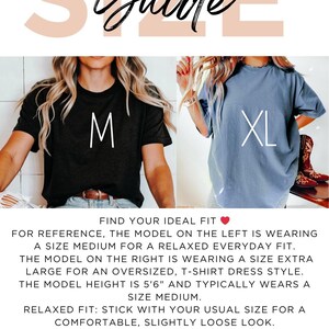 May include: A size guide graphic with the word "Guide" in large, light pink letters. Two models are shown wearing t-shirts, one black with a white "M" and one blue with a white "XL". Text below explains sizing.