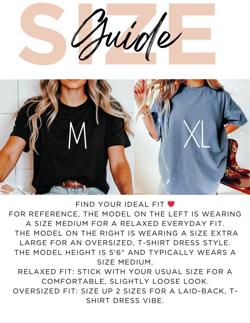 May include: A size guide graphic with the word "Guide" in large, light pink letters. Two models are shown wearing t-shirts, one black with a white "M" and one blue with a white "XL". Text below explains sizing.