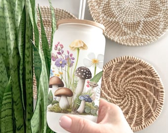 Mushroom Beer Can Glass: Iced Coffee Glass, Hippie Vibes, 16 oz