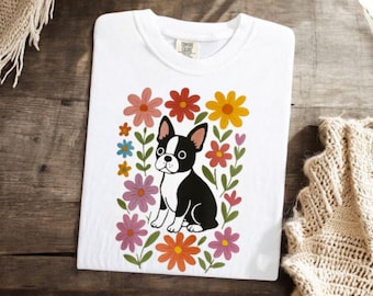 Boston Terrier Mom T-Shirt, Floral Dog Lover Shirt, Cute Puppy Graphic Tee, Pet Parent Gift, Dog Mom Top, Funny Dog Lover T-Shirt