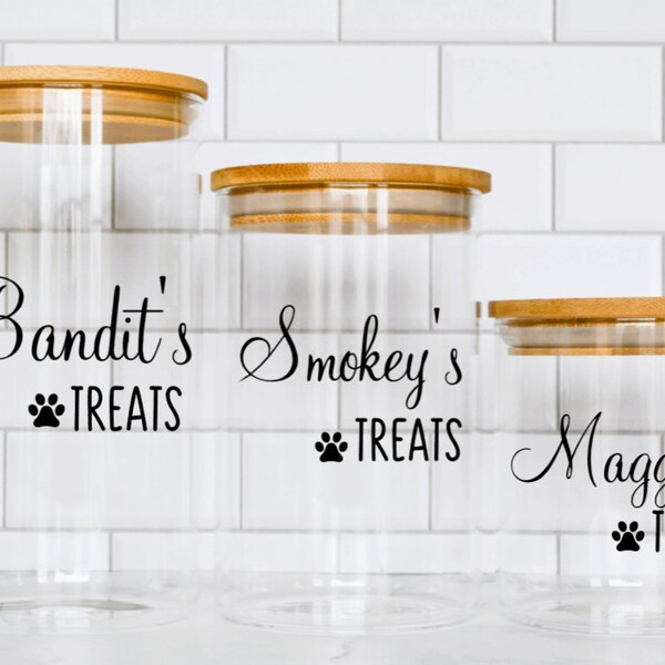 Personalized Treat Glass Jar with Bamboo Lid- Dog Cat Custom Name Glass Container, Customized Dog Treat Container, Treat Storage