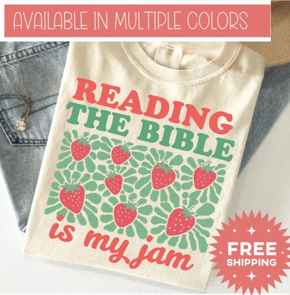 Retro Christian Shirt for Women, Reading the Bible Is My Jam, Strawberry Graphic Tee, Cute Bible Study Outfit