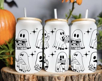 Book Lover Halloween Tumbler, Ghost Reading Coffee Cup, Cute Spooky Bookish Gift, Funny Halloween Ghost Travel Mug for Readers