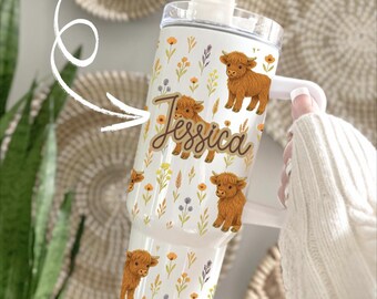 Custom Highland Cow Tumbler 40oz with Handle: Western Gift