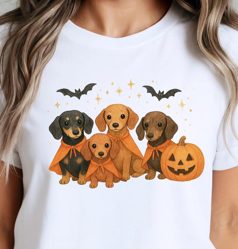 Op de afbeelding: Wit T-shirt met een Halloween-ontwerp. De afbeelding toont vijf teckels met oranje capes, een uitgesneden pompoen, vleermuizen en sterren. De honden zijn afgebeeld in tinten bruin en zwart.