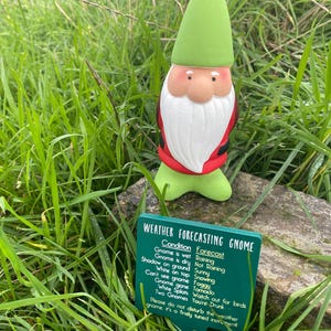 Op de afbeelding: Een groene gnome met een rood-witte hoed en een witte baard staat op een rots met een groen bord waarop "Weather Forecasting Gnome" staat. Het bord geeft verschillende weersomstandigheden en hun bijbehorende voorspellingen weer.
