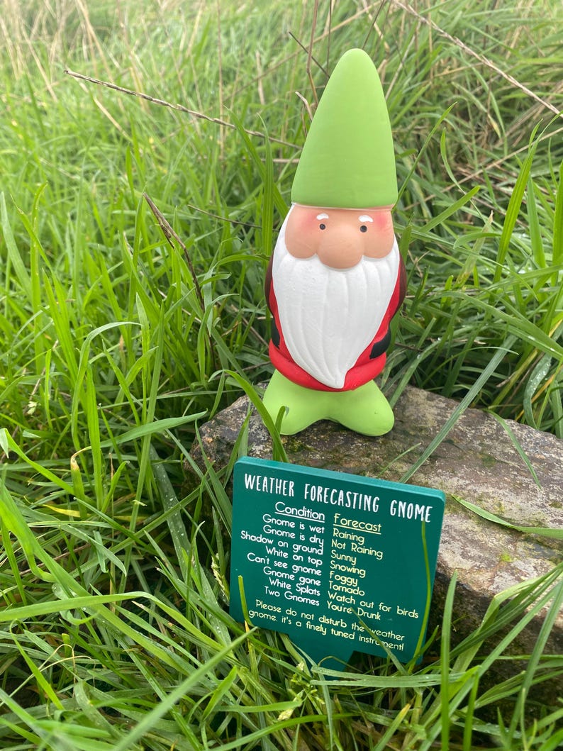 Op de afbeelding: Een groene gnome met een rood-witte hoed en een witte baard staat op een rots met een groen bord waarop "Weather Forecasting Gnome" staat. Het bord geeft verschillende weersomstandigheden en hun bijbehorende voorspellingen weer.