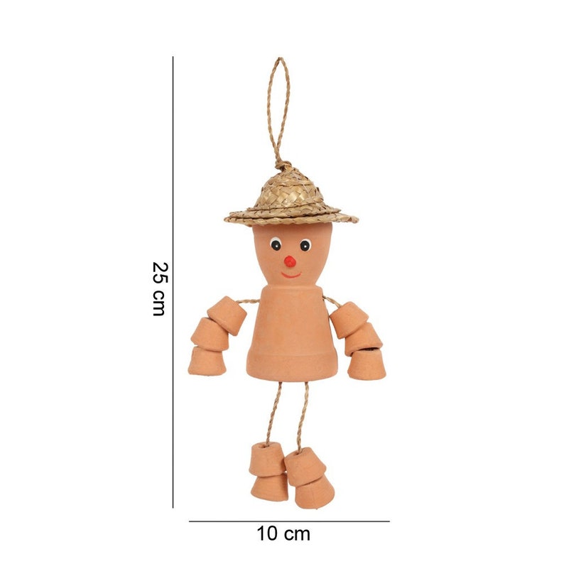 May include: A terracotta doll-like ornament, 25 cm tall and 10 cm wide, with a straw hat and string arms and legs. The face has painted eyes and a red nose. The arms and legs are made of small terracotta pots.