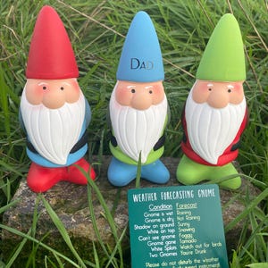 Op de afbeelding: Drie tuinkabouters, een rode, een blauwe en een groene, met witte baarden en hoeden. De blauwe kabouter heeft het woord "DAD" op zijn hoed. Een groen bord voor de kabouters luidt "WEATHER FORECASTING GNOME" en somt weersomstandigheden en de bijbehorende kaboutertoestanden op.