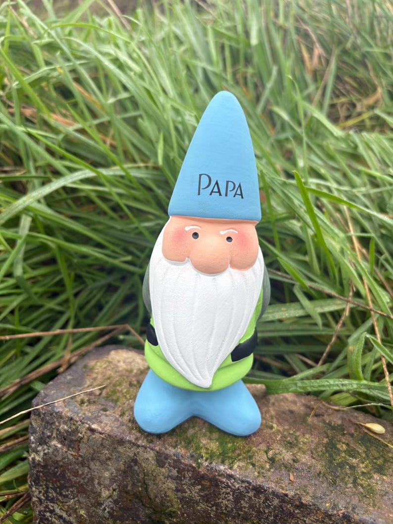 Op de afbeelding: Een blauwe en groene tuinkabouter met een witte baard en een blauwe muts met daarop "PAPA".
