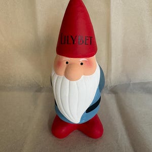 Op de afbeelding: Een rode en witte dwergfiguur met een rode puntmuts. De muts heeft de tekst "LILYBET" in het zwart erop geschreven. De dwerg heeft een witte baard en blauwe kleding.