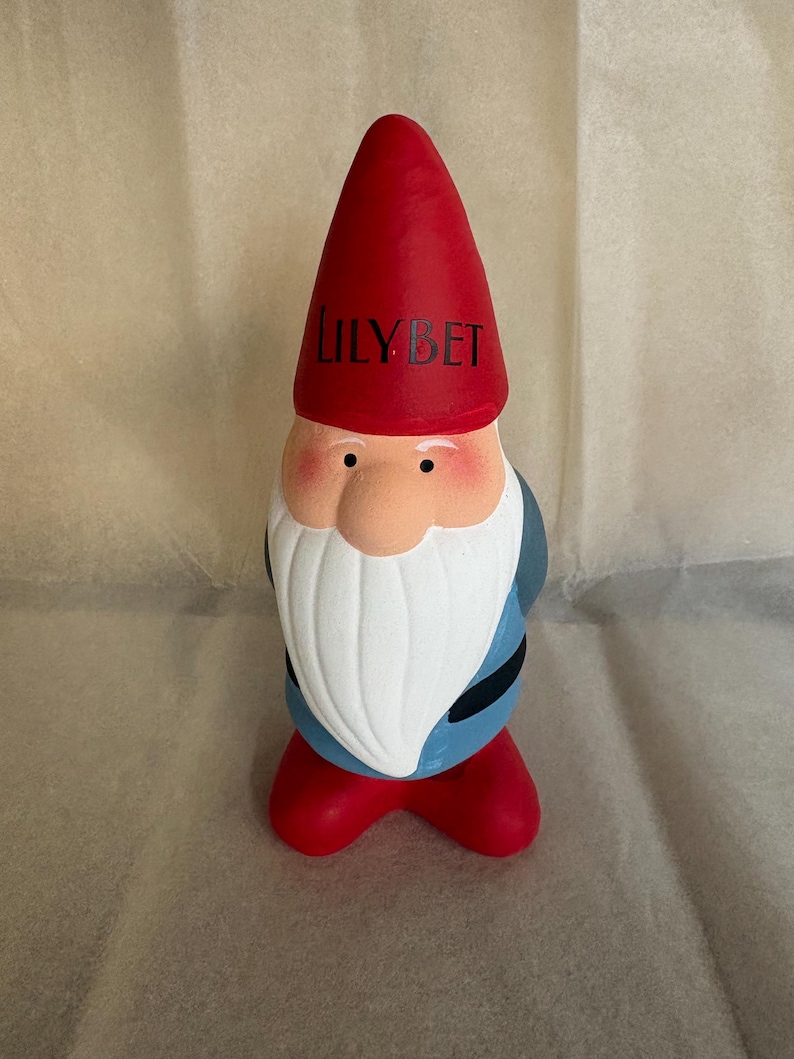 Op de afbeelding: Een rode en witte dwergfiguur met een rode puntmuts. De muts heeft de tekst "LILYBET" in het zwart erop geschreven. De dwerg heeft een witte baard en blauwe kleding.