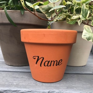 May include: A terracotta flower pot with the word "Name" written on it in black cursive.