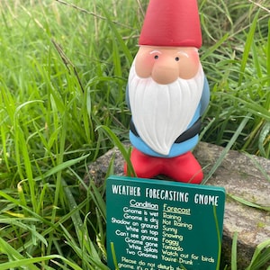 Op de afbeelding: Een rode en witte tuinkabouter met een blauwe hoed en een groen bord waarop "Weather Forecasting Gnome" staat. Het bord geeft verschillende weersomstandigheden en hun bijbehorende voorspellingen weer, zoals "Gnome is wet - Raining" en "Gnome is dry - Not Raining".