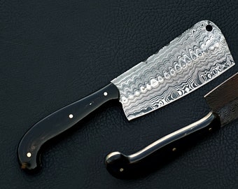 Hand Forged Damascus Kitchen Knife Cleaver, Bull Horn Handle