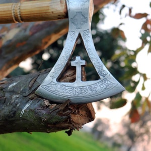 Carbon Steel VIKING  with Ash Wood Shaft, Camping/Hunting Ragnar cross Axe Gift For Him/ Her Best Birthday & Anniversary Lerp axe Halloween