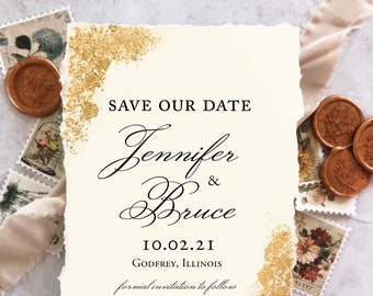 SAMPLE-Elegant Gold Foiled Save the Date - Black Text with Hand Deckled Edges