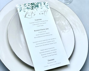 Black and White Wedding Menu with Greenery Leaf Detail- Other Colors Available