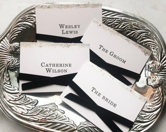 SAMPLE-Black Tie Inspired Wedding Place Card with Silver Hand Foiled Edges