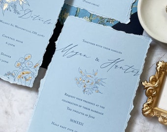 SAMPLE-Dusty Blue and Navy Floral Wedding Suite with Intricate Hand Foiling Details- Fully Customizable