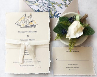 SAMPLE-Intricate Gold Hand Foiled Nautical Themed Wedding Suite with Deckled Edges