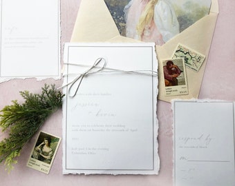 SAMPLE-Soft and Delicate Grey Wedding Suite with Hand Deckled Edges and Ribbon Details