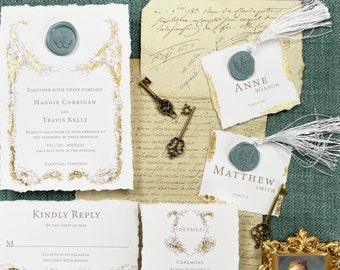 SAMPLE-Fine Art Wedding Suite with Hand Foiled Frame and Dusty Blue Wax Seal - Fully Customizable