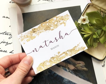 SAMPLE-Gold Foil Flake Wedding Place Card with Modern Calligraphy- Other Colors Available