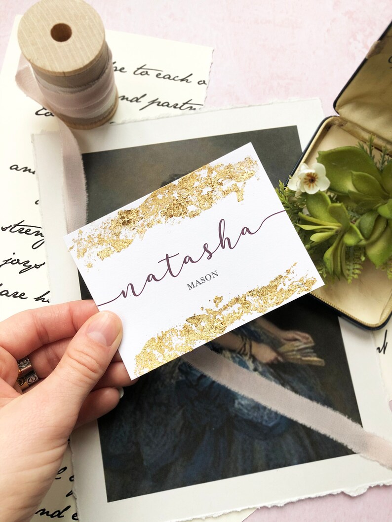Other Colors Available Gold Foil Flake Wedding Place Card with Modern Calligraphy