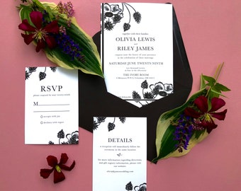SAMPLE-Classic White and Black Wedding Invitation with Bold Floral Elements