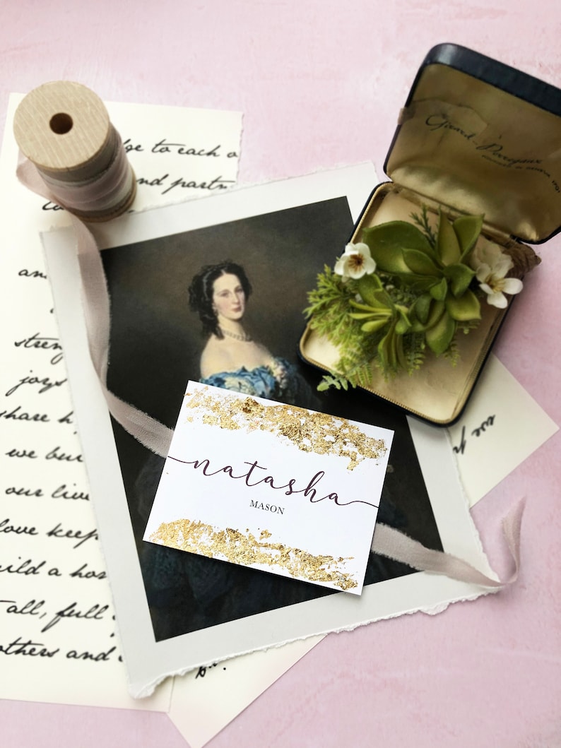 Other Colors Available Gold Foil Flake Wedding Place Card with Modern Calligraphy