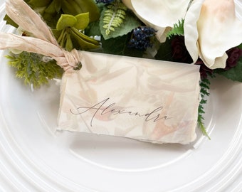 SAMPLE-Vellum Overlay Script Place Card with Handmade Paper and Ribbon