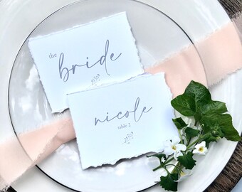 SAMPLE-Simple Grey and White Calligraphy Place Card with Deckled Edges- Other Colors Available