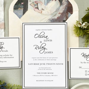 May include: A black and white wedding invitation with a white background and black text. The invitation announces the marriage of Olivia Lewis and Riley James on Saturday, June 29th, 2020 at 4:00 PM at The Ivory Room, 2 Miranova Pl FI 6, Columbus, OH 43215. The invitation includes the text "Reception to Follow".