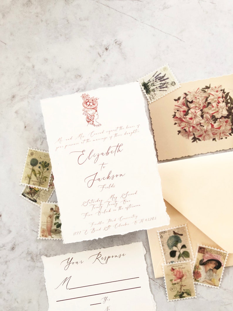 SAMPLE-Antique and Modern Wedding Invitation with Deckled Edges Other Colors Available image 2