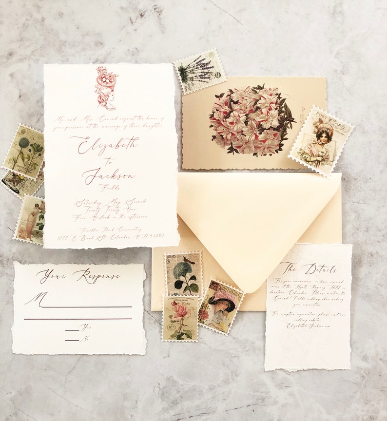 SAMPLE-Antique and Modern Wedding Invitation with Deckled Edges Other Colors Available image 1