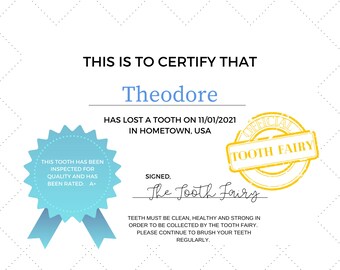 Certificado de Hada de los Dientes - Diente Perdido - Certificado