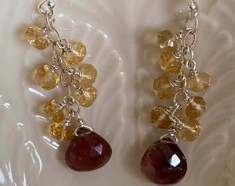 Pink tourmaline and citrine sterling silver chandelier earrings