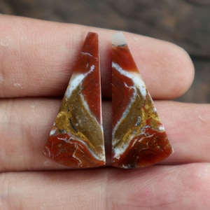 May include: Two triangular shaped red, white, and brown agate cabochons. The cabochons have a unique swirling pattern.