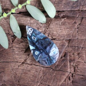 Könnte beinhalten: Ein tropfenförmiger Edelstein mit blauem und weißem Muster, der auf einer strukturierten, braunen Holzoberfläche liegt. Der Edelstein hat eine polierte Oberfläche und ist von grünen Blättern umgeben.