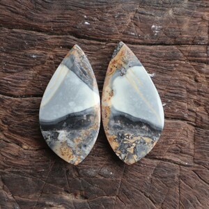 May include: Pair of teardrop-shaped cabochons with a white, gray, and black banded pattern. The stones have a brown, rust-colored edge.