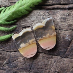May include: Two agate cabochons with a layered pattern of brown, yellow, and pink. The cabochons are shaped like a teardrop and have a smooth, polished surface.