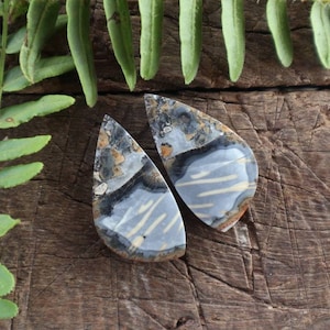 Puede incluir: Dos cabujones de ágata pulida con forma de lágrima y patrón. Las piedras son una mezcla de gris, blanco y negro con un patrón de remolino.