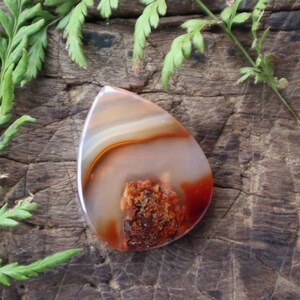 Può includere: Un ciondolo a goccia di agata con bande marroni, bianche e rosse. L'agata presenta un motivo naturale e organico con un'inclusione marrone ruggine.