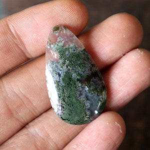 Handmade Green Moss Agate Teardrop Cabochon (34x11x5 mm)