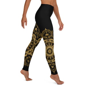 Thigh High Lacey Mandala - High Rise Yoga Leggings Womens Ultra Stretchy Yoga Aerial Arts Leggings for Her Black and Gold Festival Leggings